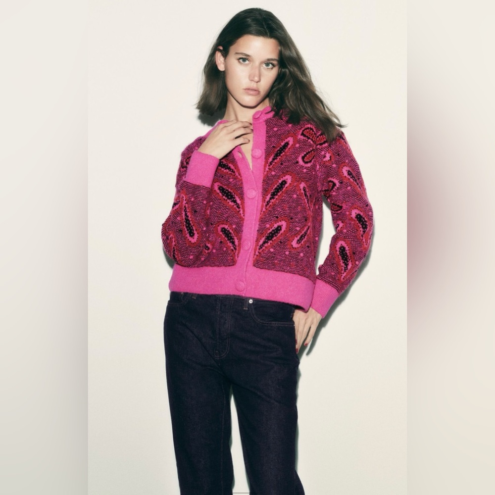ZARA‎ Pink Jacquard Knit Cardigan with Pompoms Size Large Bloggers Fave 5802/162